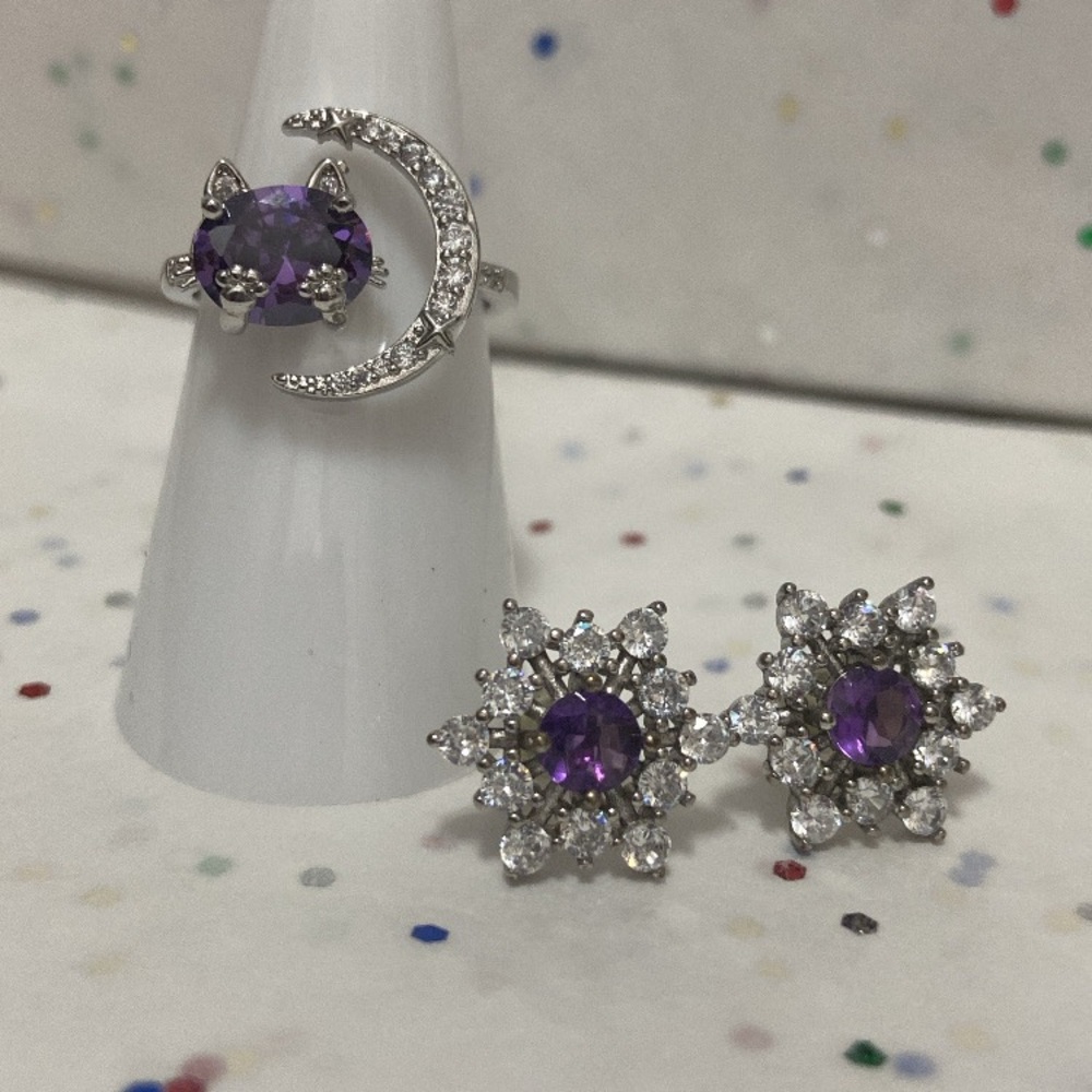 Purple and Silver Amethyst Ring Jewelry Set
